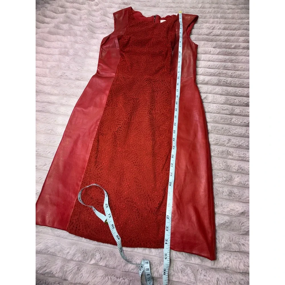 Vakko Women's 2 Red Leather Laser Cut Lace Front Sheath Dress Sleeveless 90s
